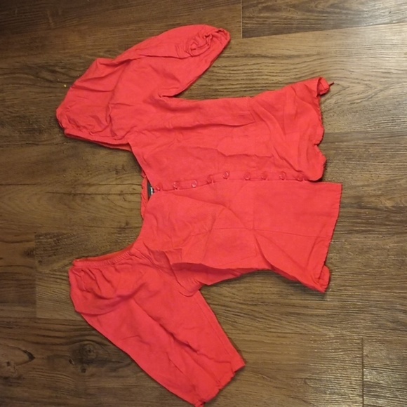 Something Navy Coral Orange Puff Shoulder Cropped Fitted Button Down Blouse QQQ - Picture 1 of 7